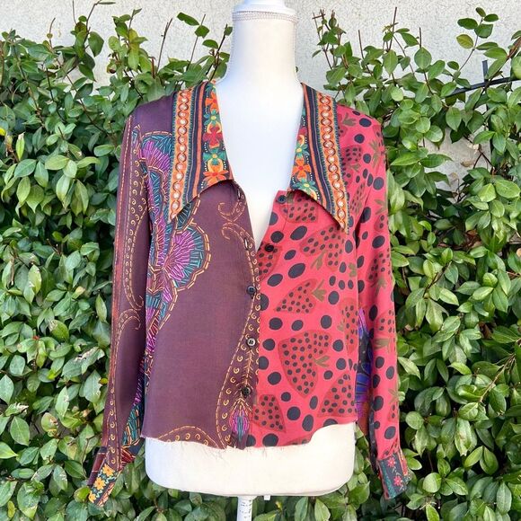Farm Rio Mixed Scarves Button-Up Shirt NWT With Crop Alteration Size X-Small - Picture 2 of 9